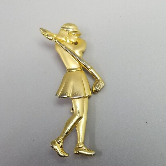 Vintage J.J. Lady Woman Golfer Gold Told Brooch, Golf Lapel Pin Signed, Estate - Picture 7 of 7